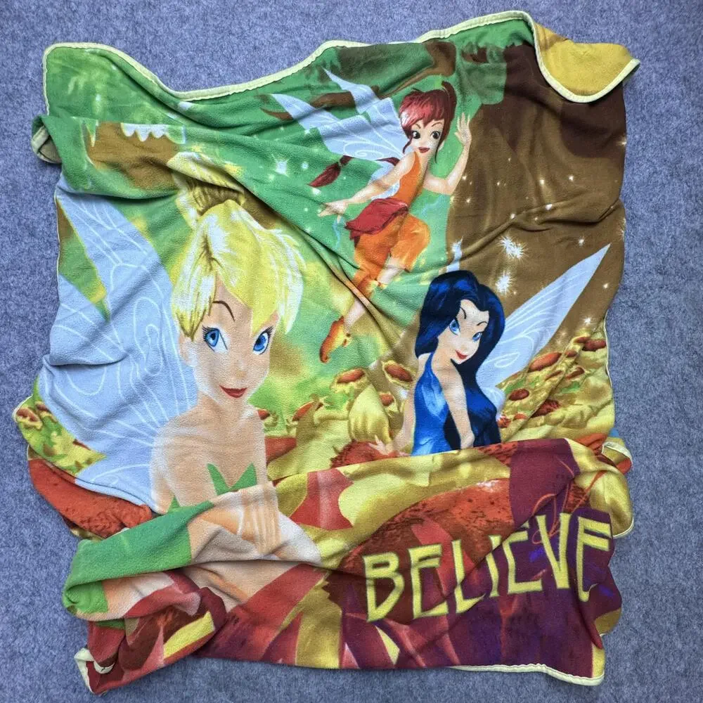 VTG Disney Tinker Bell Throw Blanket 40x50 Fleece Kids Disney Fairies Multicolor